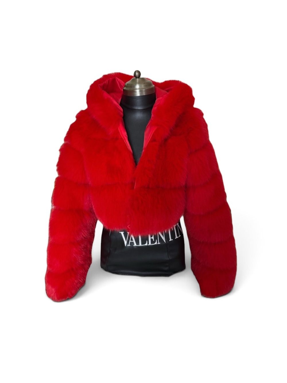 ( Fashion ) source unknown Red Faux Fur Hooded Teddy Jacket